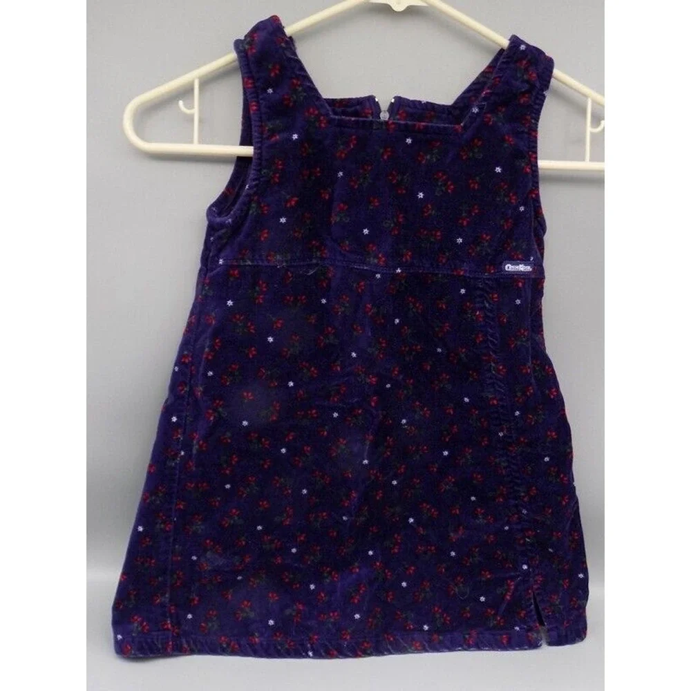 Vintage OshKosh Velour Velvet Purple Dress w/ Red White Flowers Size 5